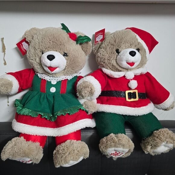 Set of 2 Christmas Holiday Time Snowflake 2024 Teddy Bear Tan, Girl & Boy 20" - Picture 1 of 15